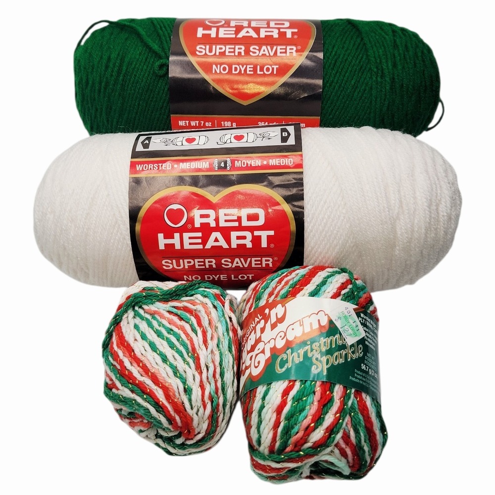 Red Heart Super Saver Yarn Lot Green White + Spin N Scream Christmas Sparkle